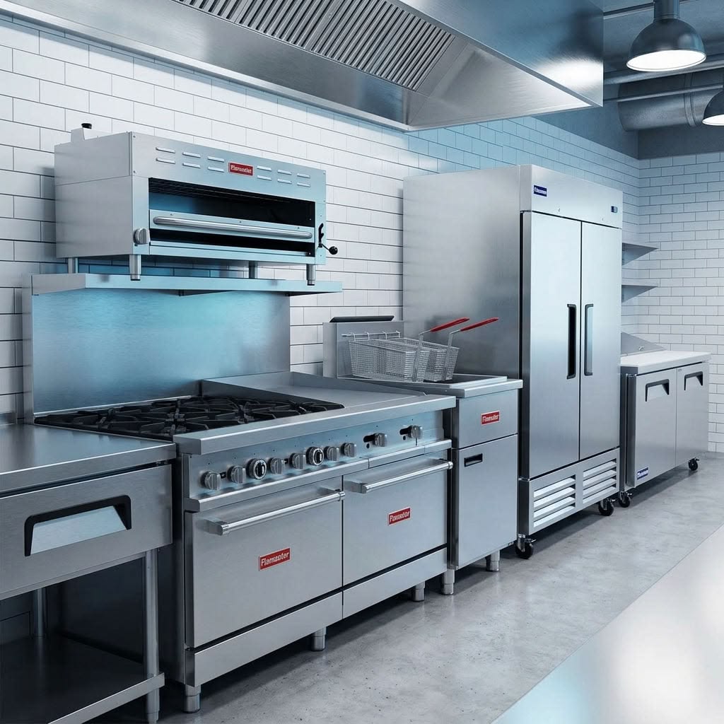 Stainless steel cooking range, fryer and upright refrigerator