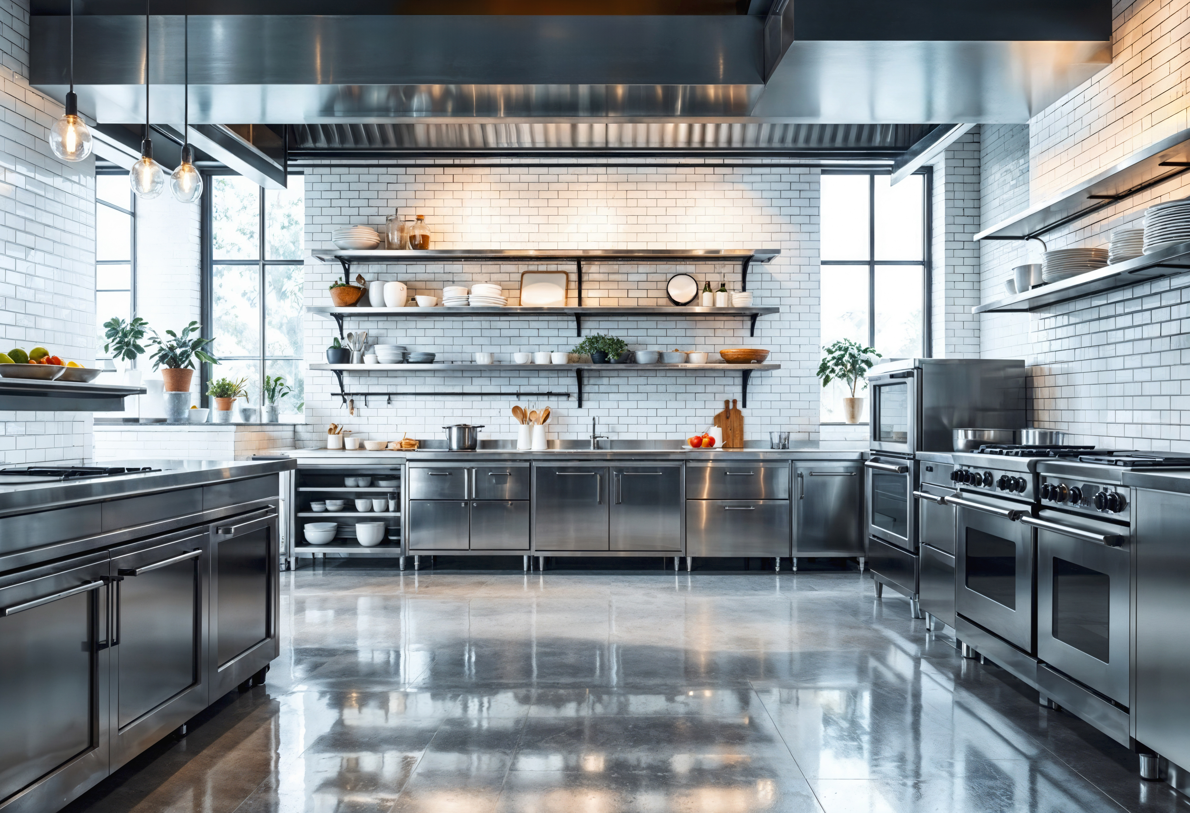 Modern stainless steel commercial kitchen with prep counters and extraction hoods