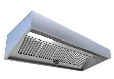 Layaan box-type wall extraction canopy with a flat top and stainless baffle filters set in a recessed bank