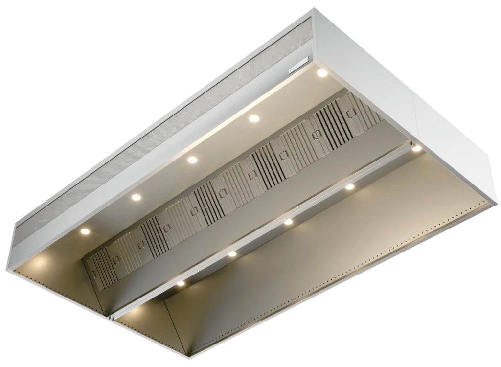 Layaan double-sided island extraction canopy with stainless baffle filters, recessed downlights and a perimeter grease gutter