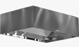 Layaan single-sided island extraction canopy, sloped and finished on all four faces with one bank of stainless baffle filters
