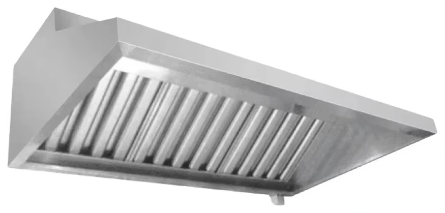 Layaan wall-mounted extraction canopy with a single row of stainless baffle filters and a grease gutter along the front edge