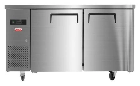 Layaan two-door stainless steel under-counter refrigerated counter with a digital thermostat, condenser grille and castors