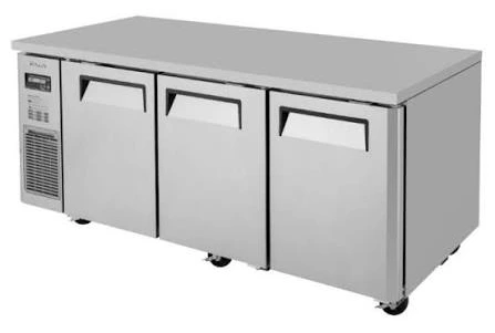 Layaan three-door stainless steel under-counter refrigerated counter with a digital thermostat, condenser grille and castors