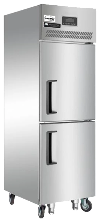 Layaan two-door upright stainless steel refrigerated cabinet with a top-mounted condenser deck, digital display and castors