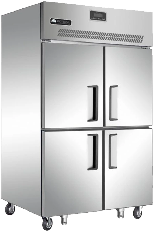 Layaan four-door upright stainless steel refrigerated cabinet with a top-mounted condenser deck, digital display and castors