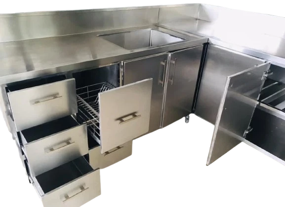 Layaan stainless steel cabinet work counter with drawer banks, hinged cupboards and an inset sink bowl