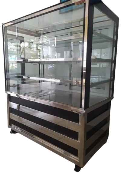Layaan upright glass display counter with glass shelves on a banded stainless steel base