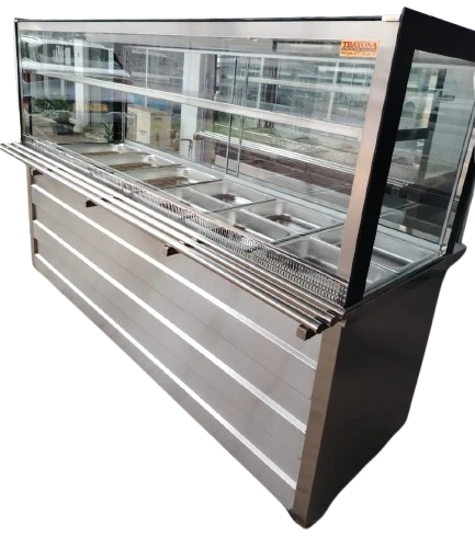 Layaan full stainless steel bain marie with gastronorm pans under a glazed case, a tray slide along the front and a banded stainless base