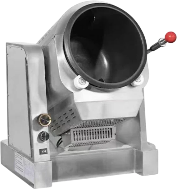 Layaan gas drum wok machine with a tilting non-stick drum over a gas burner, a lever tilt handle and a bench-top stainless base