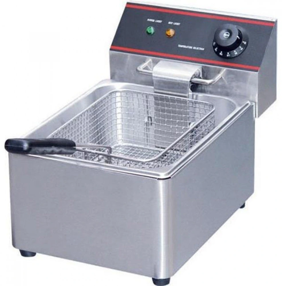 Layaan counter-top electric deep fryer with a single stainless tank, wire mesh basket, temperature dial and indicator lights