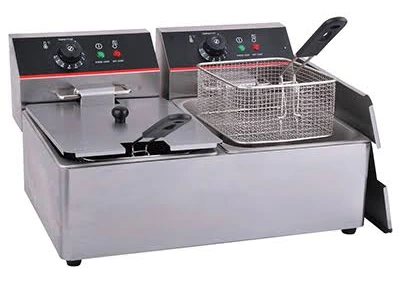 Layaan twin-tank counter-top electric fryer with two independently controlled tanks, two mesh baskets and a lid to each tank