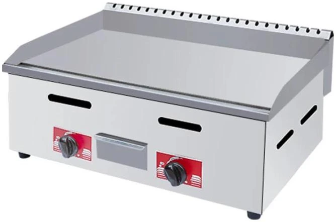 Layaan counter-top gas griddle with a smooth steel plate, rear and side splash guards, two control knobs and a front grease drawer
