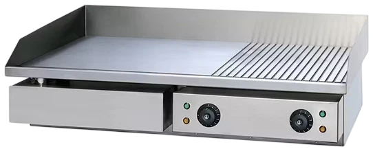 Layaan counter-top electric griddle with a half smooth, half ribbed plate, two dial thermostats with indicator lights and a rear splash guard