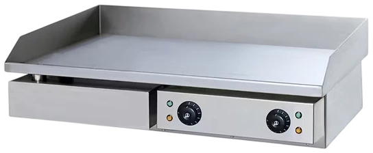 Layaan counter-top electric griddle with a full smooth plate, rear and side splash guards and two dial thermostats with indicator lights