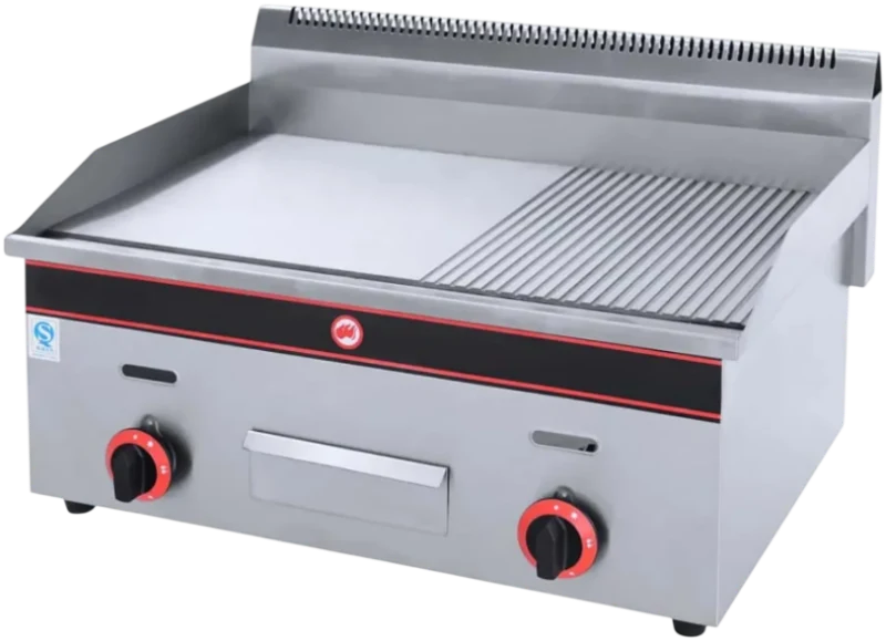 Layaan counter-top gas griddle with a half smooth, half ribbed plate, two control knobs and a front grease drawer