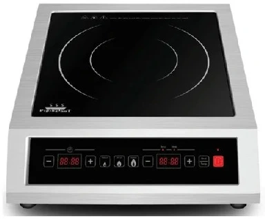 Layaan counter-top induction cooker with a flat black ceramic glass top and a touch panel carrying separate timer and power displays
