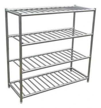 Layaan four-tier stainless steel storage rack with open slatted shelves on a tubular frame
