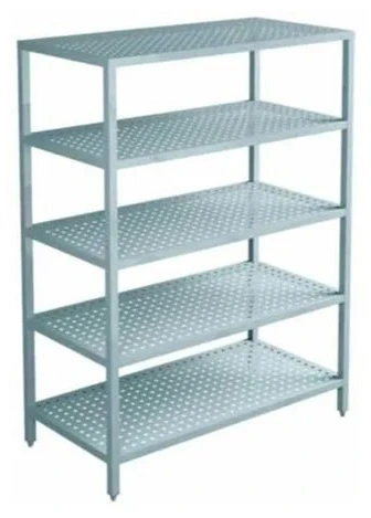 Layaan five-tier stainless steel shelving rack with perforated sheet shelves on a square tube frame