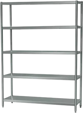 Layaan five-tier stainless steel shelving rack with flat solid shelves on a tubular frame