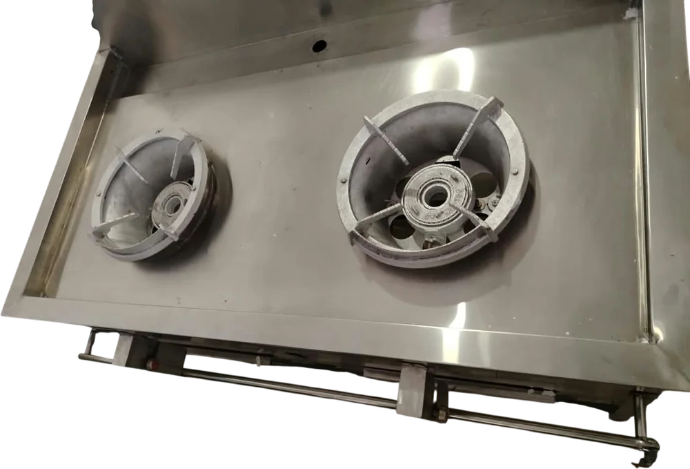 Layaan two-burner gas cooking range seen from above, with a small and a large cast ring burner set into a flat stainless deck