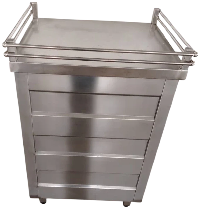 Layaan stainless steel service counter with a tubular gallery rail around three sides of the top and a clad, closed front