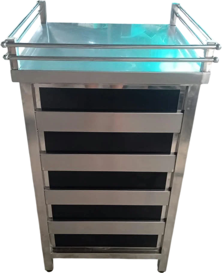 Layaan stainless steel service counter with a tubular gallery rail and an open slatted front of five bays