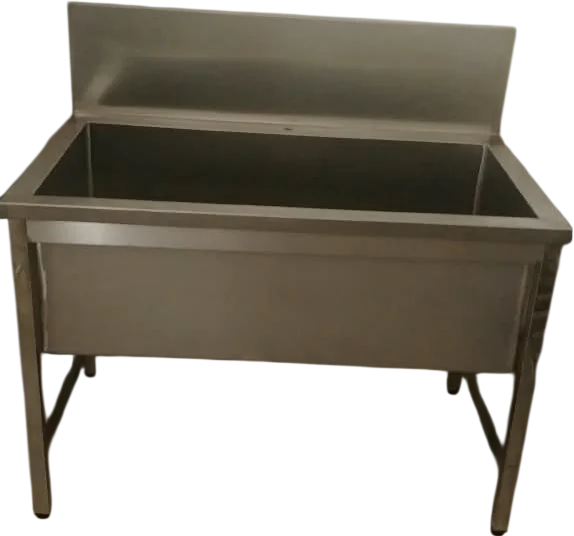 Layaan pot wash sink with a single deep stainless steel bowl, a tall rear splashback and a braced box-section frame
