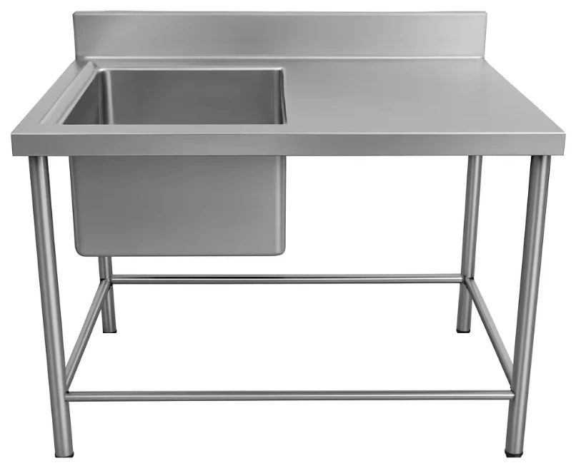 Layaan single bowl stainless steel sink table with drainer, rear splashback and an open tubular frame