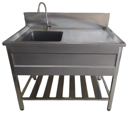 Layaan single bowl stainless steel sink with a swan-neck pillar tap, drainer, rear splashback and a slatted undershelf