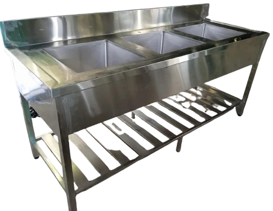 Layaan triple bowl stainless steel sink table with rear splashback and a slatted undershelf