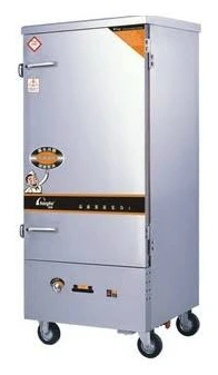 Layaan gas rice steamer cabinet in stainless steel, with an insulated hinged door and a gas burner compartment in the base, on castors