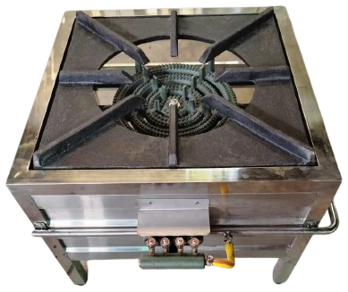 Layaan low-height gas stock pot stove with a heavy cast spider trivet over a coiled ring burner and a front gas manifold