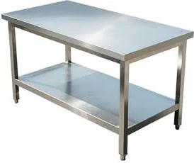 Layaan stainless steel work table with a flat top, a full-length solid undershelf and a square box-section frame