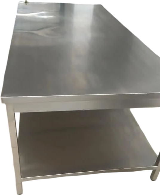 Layaan long stainless steel work table with a flat top and a full-length solid undershelf on a square box-section frame