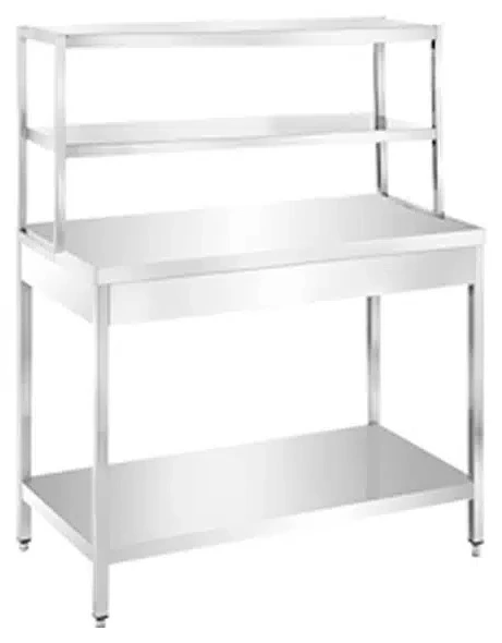 Layaan stainless steel work table with a two-tier overshelf gantry above and a solid undershelf below