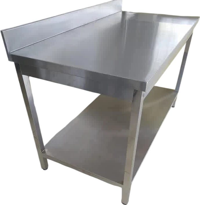 Layaan stainless steel work table with a raised rear splashback, a full-length solid undershelf and square box-section legs