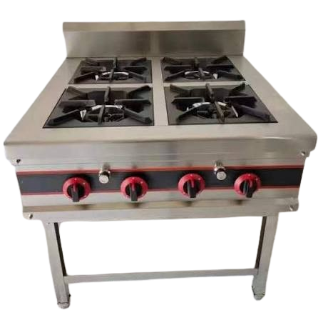 Layaan LK-TE-750 four-burner stainless steel gas range on an open stand