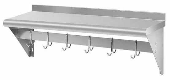 Layaan wall-mounted stainless steel shelf with a raised rear upstand and six double-ended pot hooks on a rail beneath